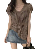 Women Knitwear Summer Hollow out V-neck Sleeveless Knitwear