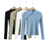 Women Sweater Knitwear Mandarin Collar Knitwear Spring Sexy Long Sleeve T-shirt