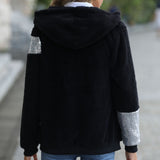 Women Trench Coat Casual Hooded Long Sleeve Sequin Stitching Zipper Double-Sided Velvet Cardigan Coat Autumn