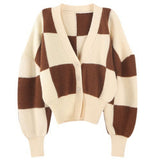 Women Knitwear Spring/Autumn V-neck Vintage Chessboard Plaid Loose Knitted Cardigan Coat