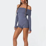 Women Jumpsuit Sexy Knitted Jumpsuit Autumn and Winter Long Sleeve off-the-Shoulder Jumpsuit
