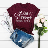 She Is Strong Letter Print T Shirt Women Short Sleeve Tshirt