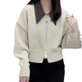 Women Knitted Cardigan Polo Leather Collar Stitching Double-Headed Zipper Sweater Coat