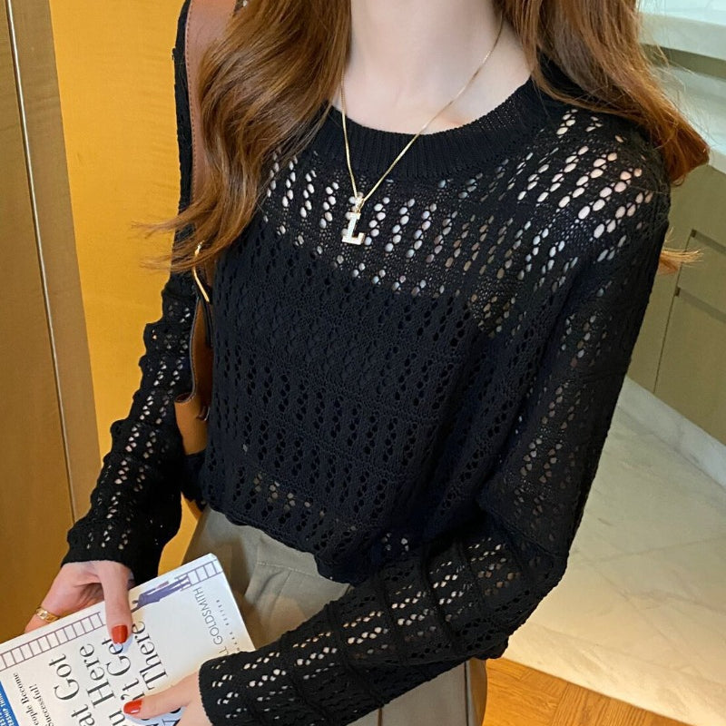 Women Knitted Pullover Cutout Blouse Hollow Sweater
