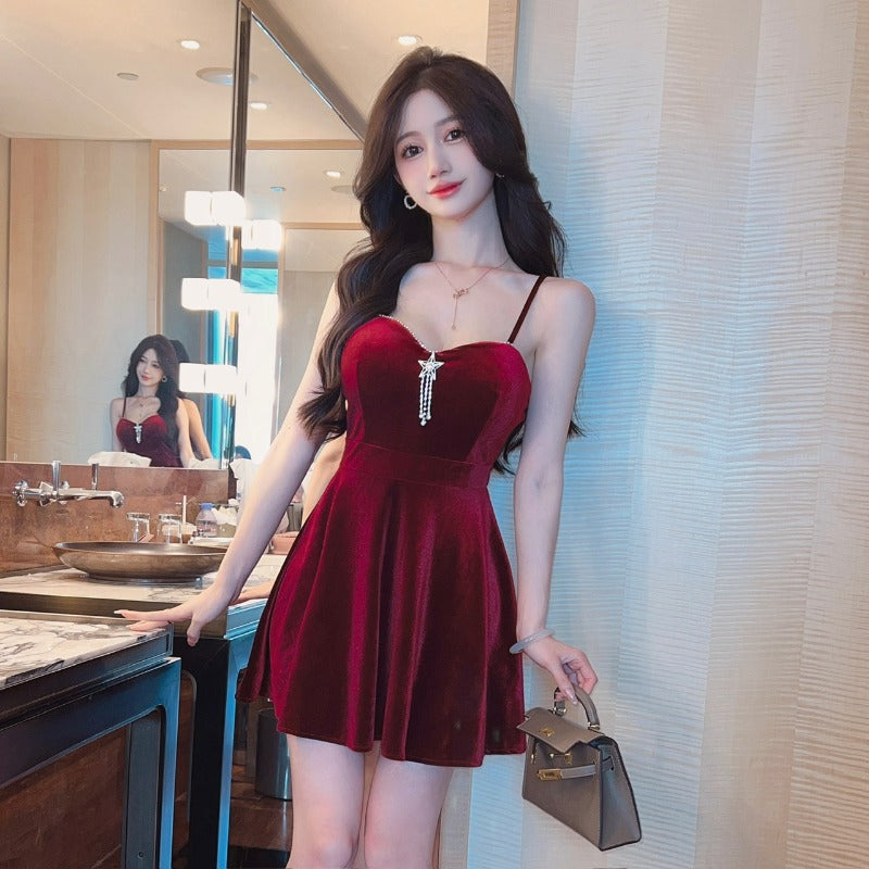 Women Maxi Dress Autumn Winter Sexy V-neck Pleuche Sling Dress