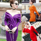 Women Maxi Dress Autumn Winter Sexy Long Sleeve V-neck Knitted Sheath Dress