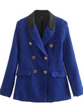Women Suits Autumn Leisure Color Block Tweed Double Breasted Long Sleeve Suit Coat