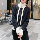 Women Knitwear Autumn and Winter Loose Stand Collar Double Zipper Knitted Cardigan