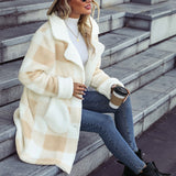 Women Trench Coat Fall Winter Coat Plaid Printed Suit Collar Single Breasted Plush Long-Cut Coat