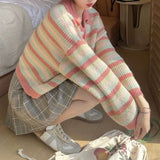 Women Knitwear Autumn and Winter Striped Lapel Sweater Loose Knitted Cardigan