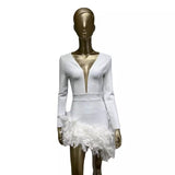 Women Dresses Long Sleeve Feather Ultra Short Dress Party Skirt (Ont0408)