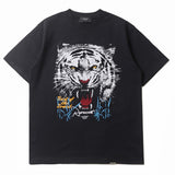 Hip-hop t-shirts: american high street style, tiger head print, relaxed fit, casual sports crew neck short sleeve tee for men