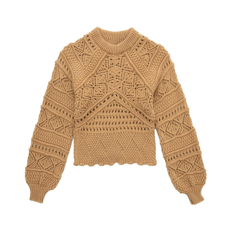 Women Sweater Knitwear Autumn Crew Neck Long Sleeve Vintage Crochet Hollow-out Short Knitwear
