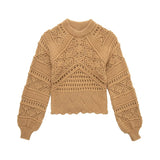 Women Sweater Knitwear Autumn Crew Neck Long Sleeve Vintage Crochet Hollow-out Short Knitwear