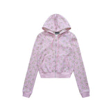Ashley all-over printed bear hot girl exposed waist cardigan sweatshirt women's american sweet elastic fall and winter zipper hooded outwear