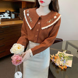 Women Knitwear Spring and Autumn Retro Peter Pan Collar Embroidered Sweater Loose Knitted Cardigan