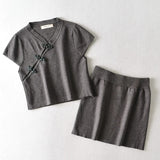 Women Sweater Knitwear Retro V-neck High Waist Exposed Navel Knitted T-shirt Sheath Skirt Suit