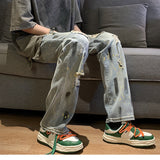 Men Jeans Straight Jeans Summer Ripped Trousers