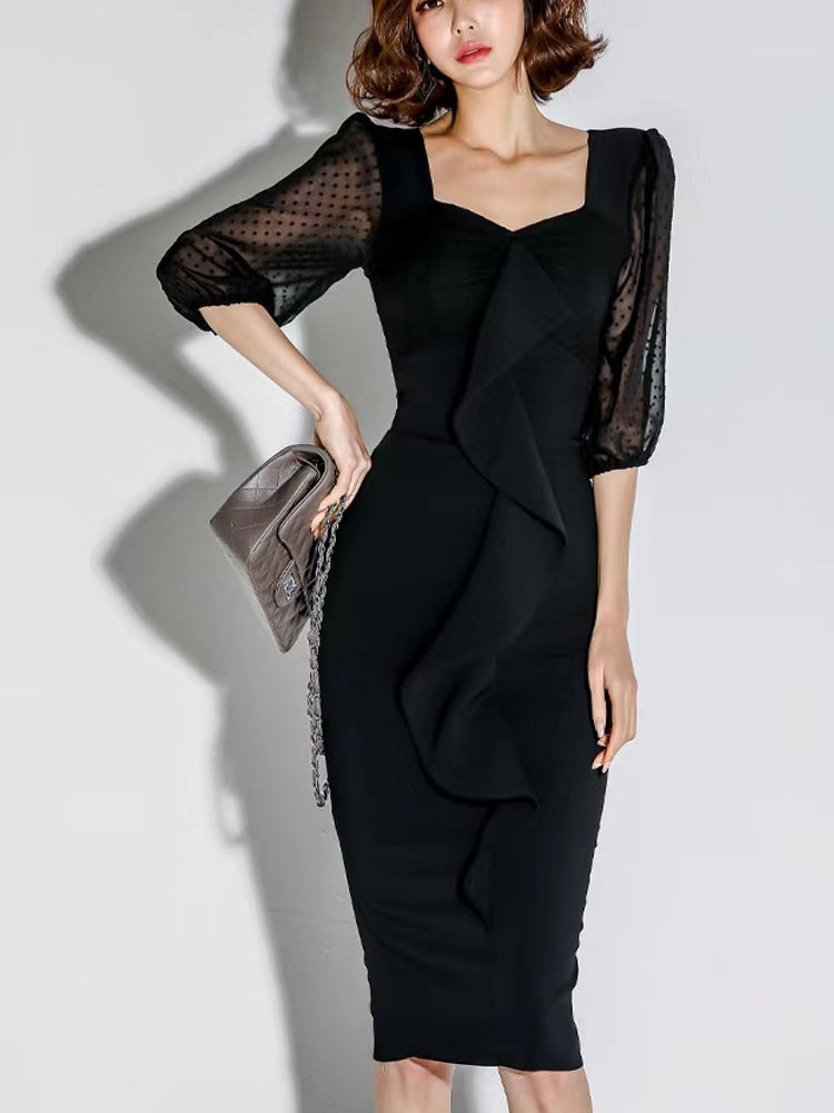 Women Maxi Dress Autumn Slim-Fitting Patchwork Mesh Sleeves Square Collar Hip Bag Dress