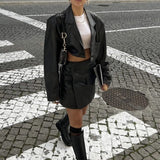 Women Leather Jacket Autumn Lapel Short Pu Leather Coat High Waist Hip-Wrapped Skirt