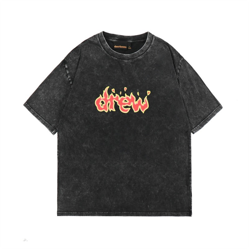 Drew house tshirt r collection d@ew flame letter graphic washed & distressed short sleeve wholesale