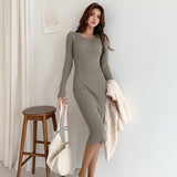 Women Maxi Dress Autumn Winter Retro Slim Fit Hip Knitwear Dress