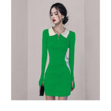 Women Maxi Dress Fall and Winter Lapels Slim Knit Sheath Dress