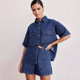 Women's pants: european and american cross-border spring/summer retro casual loose pocket short sleeve shirt & shorts denim set