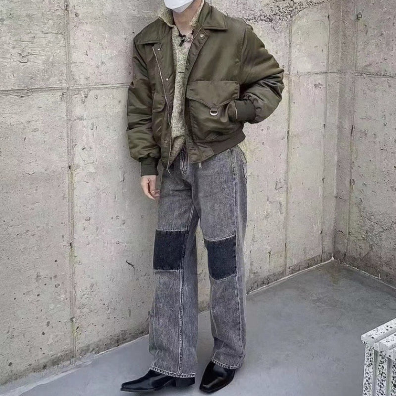 Men Jeans Cloth Patch Straight Jeans