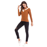 Women Knitted Sweater Casual Top Autumn Crew Neck Long Sleeve Color Matching Sweater
