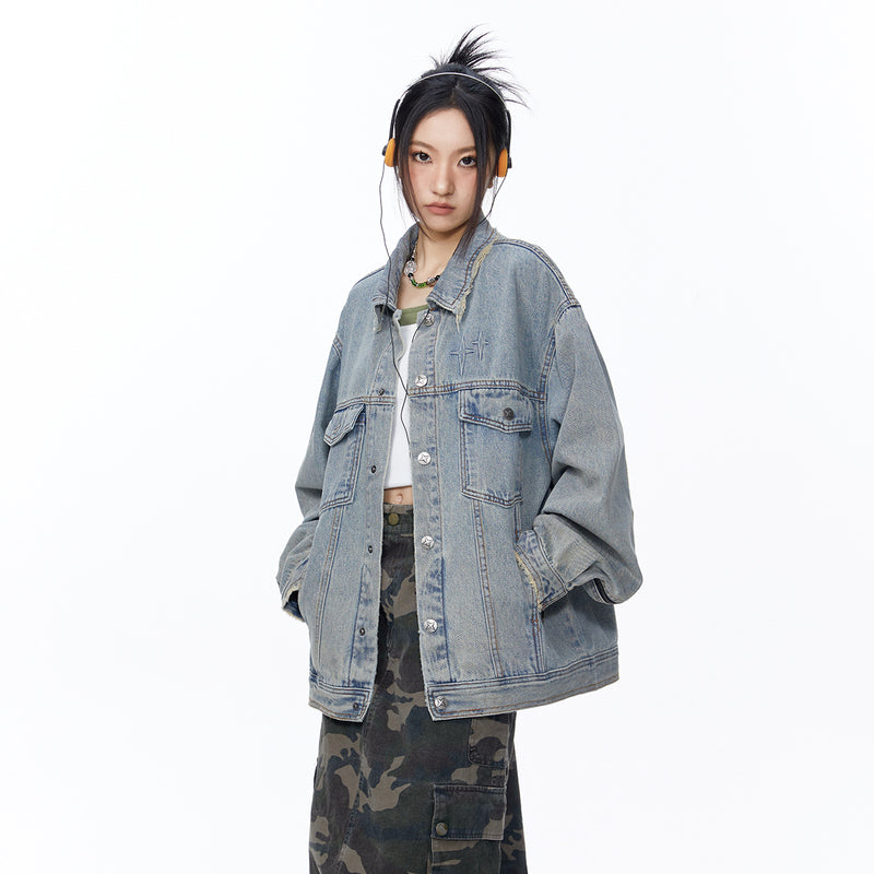 Unisex Jacket Autumn Simplicity Frayed Denim Jacket