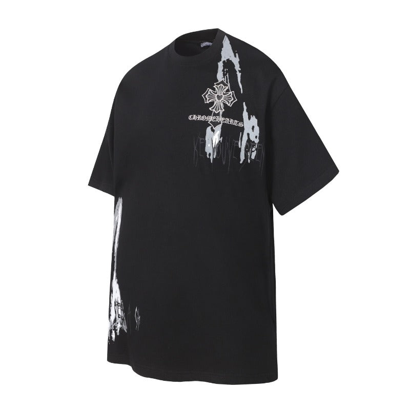 Ch hip-hop t shirts ch kevin splash ink cross embroidered heavy industry round neck short sleeve high street casual