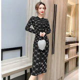 Women Maxi Dress Autumn Retro Hip-Wrapped Knitted Dress