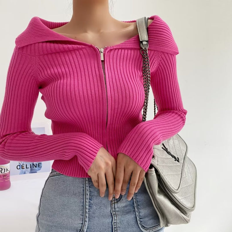 Women Sweater Knitwear Polo Collar Top Knitwear Women's Fall Slim Fit Zipper Sweater Cardigan