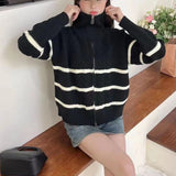 Women Knitted Cardigan Contrast Color Striped Lapel Sweater Coat Retro Loose Knitted Cardigan