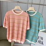 Women Sweater Knitwear Striped Loose Short Sleeve Knitted T-shirt Female Student O-neck Short Top