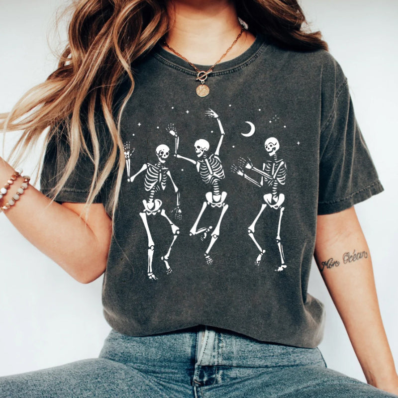 Washed Vintage Cotton Halloween Skull Halloween Print Street Vintage T-Shirt