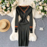 Women Maxi Dress Spring, Autumn and Winter V-neck Striped Knitted Slim Fit Sweater Dress