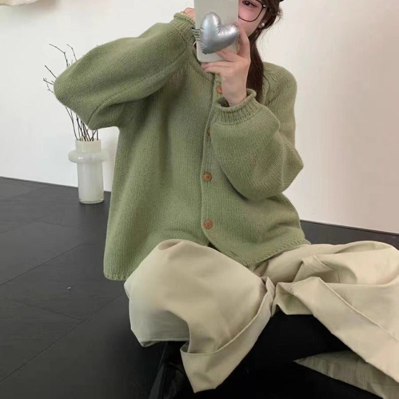 Women Knitwear Autumn and Winter round Neck Sweater Loose Knitted Cardigan