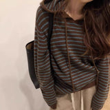 Women Knitted Pullover Striped Hooded Sweater Autumn Loose Sweater