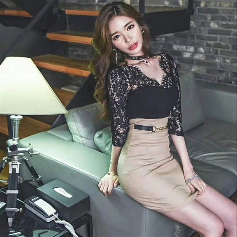 Women Maxi Dress Summer Sexy V-neck Lace Sheath Dress