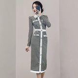 Women Maxi Dress Autumn and Winter Long Sleeve Plaid Knitted Dress