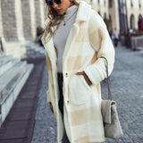 Women Trench Coat Fall Winter Coat Plaid Printed Suit Collar Single Breasted Plush Long-Cut Coat