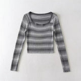 Women Sweater Knitwear Autumn Sexy Square Collar Striped Knitted T-shirt Long Sleeve Sweater