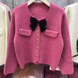 Women Knitted Cardigan Bowknot Decoration Knitwear Winter Loose round Neck Single-Breasted Cardigan
