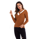 Women Knitted Sweater Casual Top Autumn Crew Neck Long Sleeve Color Matching Sweater