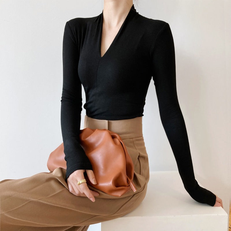 Women T Shirt Autumn V-neck Long-Sleeved T-shirt Women's Slim Bottoming Shirt Top