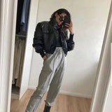Women Leather Jacket Fall/Winter Leather Jacket Coat Loose Lapels PU Leather Motorcycle Leather Coat