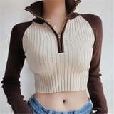 Women Sweater Knitwear Autumn Sexy Hot Girl High Collar Short Section Retro Contrast Color Raglan Knitted Coat