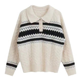 Women Knitwear Autumn and Winter Polo Collar Striped Sweater Vintage Sweater